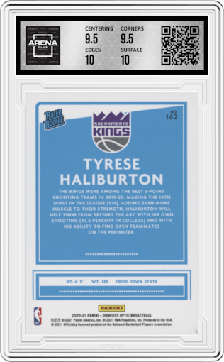 Tyrese Haliburton from the 2020-21 Panini Donruss Optic set graded by Arena Club and given an overall grade of 10.