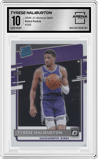 Tyrese Haliburton from the 2020-21 Panini Donruss Optic set graded by Arena Club and given an overall grade of 10.