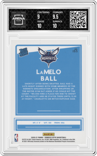 LaMelo Ball from the 2020-21 Panini Donruss Optic set graded by Arena Club and given an overall grade of 9.5.