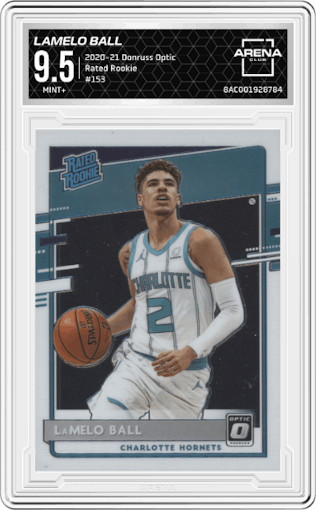 LaMelo Ball from the 2020-21 Panini Donruss Optic set graded by Arena Club and given an overall grade of 9.5.