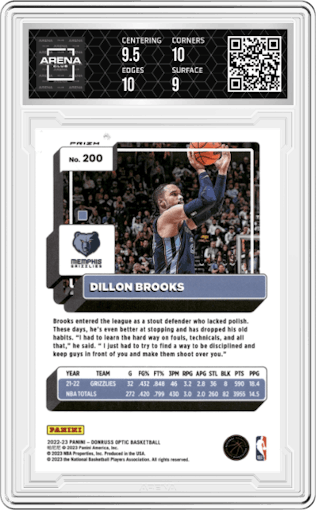 Dillon Brooks from the 2022-23 Panini Donruss Optic  set featuring a Copper Glitter parallel graded by Arena Club and given an overall grade of 9.5.