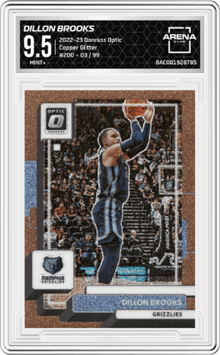 Dillon Brooks from the 2022-23 Panini Donruss Optic  set featuring a Copper Glitter parallel graded by Arena Club and given an overall grade of 9.5.