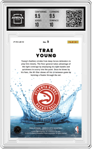 Trae Young from the 2022-23 Panini Donruss Optic  set featuring a Lime Green parallel graded by Arena Club and given an overall grade of 10.