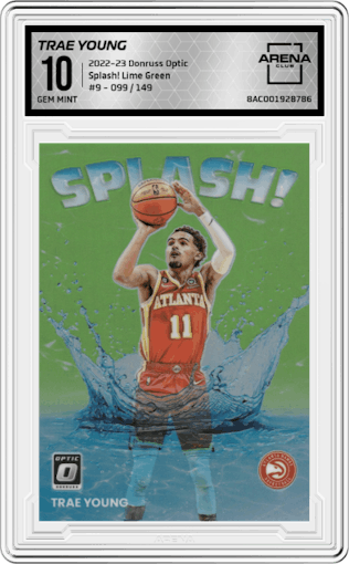 Trae Young from the 2022-23 Panini Donruss Optic  set featuring a Lime Green parallel graded by Arena Club and given an overall grade of 10.