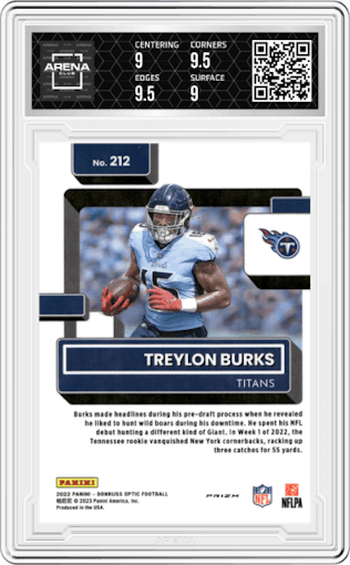 Treylon Burks from the 2022 Panini Donruss Optic set featuring a Pink parallel graded by Arena Club and given an overall grade of 9.5.