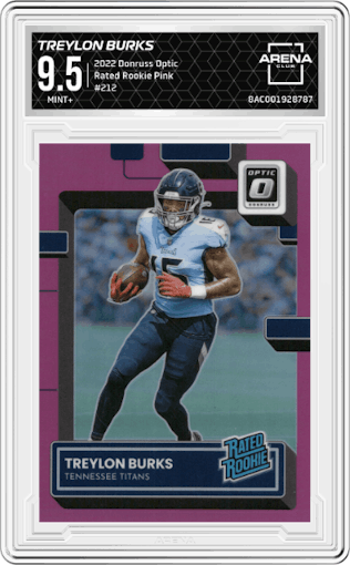 Treylon Burks from the 2022 Panini Donruss Optic set featuring a Pink parallel graded by Arena Club and given an overall grade of 9.5.