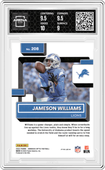 Jameson Williams from the 2022 Panini Donruss Optic set featuring a Pink parallel graded by Arena Club and given an overall grade of 9.5.