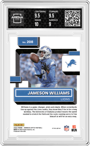 Jameson Williams from the 2022 Panini Donruss Optic set featuring a Pink parallel graded by Arena Club and given an overall grade of 9.5.