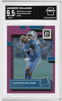 Jameson Williams from the 2022 Panini Donruss Optic set featuring a Pink parallel graded by Arena Club and given an overall grade of 9.5.