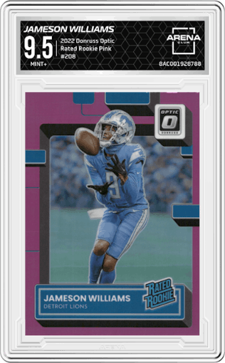 Jameson Williams from the 2022 Panini Donruss Optic set featuring a Pink parallel graded by Arena Club and given an overall grade of 9.5.