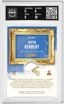 Justin Herbert from the 2020 Panini Chronicles set graded by Arena Club and given an overall grade of 9.5.