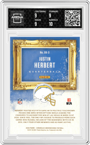 Justin Herbert from the 2020 Panini Chronicles set graded by Arena Club and given an overall grade of 9.5.