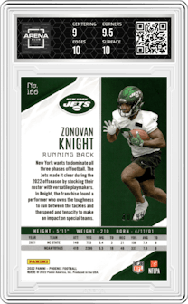 Zonovan Knight from the 2022 Panini Phoenix set featuring a Purple Lazer parallel graded by Arena Club and given an overall grade of 9.5.