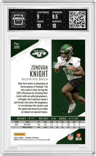 Zonovan Knight from the 2022 Panini Phoenix set featuring a Purple Lazer parallel graded by Arena Club and given an overall grade of 9.5.