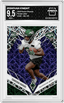 Zonovan Knight from the 2022 Panini Phoenix set featuring a Purple Lazer parallel graded by Arena Club and given an overall grade of 9.5.