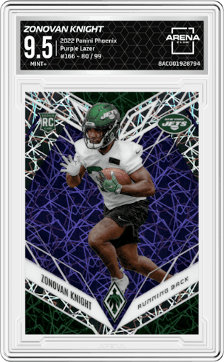 Zonovan Knight from the 2022 Panini Phoenix set featuring a Purple Lazer parallel graded by Arena Club and given an overall grade of 9.5.