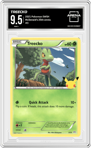 Treecko from the 2021 Pokemon SWSH set graded by Arena Club and given an overall grade of 9.5.