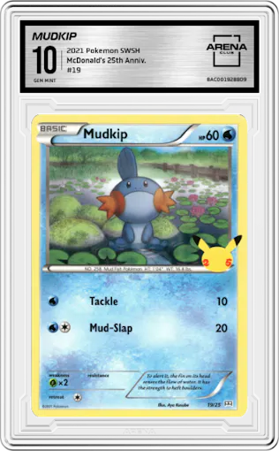 Mudkip from the 2021 Pokemon SWSH set graded by Arena Club and given an overall grade of 10.