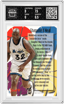 Shaquille O'Neal from the 1995-96 Fleer Ultra set featuring a Gold Medallion parallel graded by Arena Club and given an overall grade of 6.5.