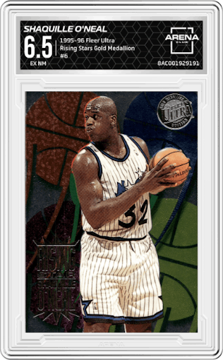 Shaquille O'Neal from the 1995-96 Fleer Ultra set featuring a Gold Medallion parallel graded by Arena Club and given an overall grade of 6.5.