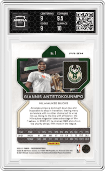 Giannis Antetokounmpo from the 2021-22 Panini Prizm  set featuring a NBA 75th Prizm parallel graded by Arena Club and given an overall grade of 9.5.