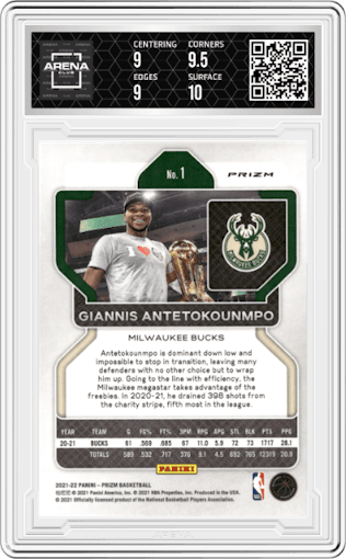 Giannis Antetokounmpo from the 2021-22 Panini Prizm  set featuring a NBA 75th Prizm parallel graded by Arena Club and given an overall grade of 9.5.