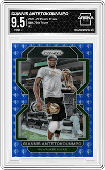 Giannis Antetokounmpo from the 2021-22 Panini Prizm  set featuring a NBA 75th Prizm parallel graded by Arena Club and given an overall grade of 9.5.