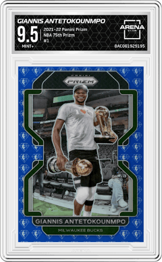 Giannis Antetokounmpo from the 2021-22 Panini Prizm  set featuring a NBA 75th Prizm parallel graded by Arena Club and given an overall grade of 9.5.