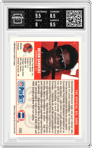 Deion Sanders from the 1989 Pro Set set graded by Arena Club and given an overall grade of 8.5.