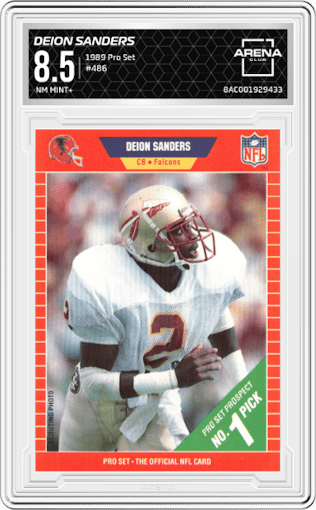 Deion Sanders from the 1989 Pro Set set graded by Arena Club and given an overall grade of 8.5.