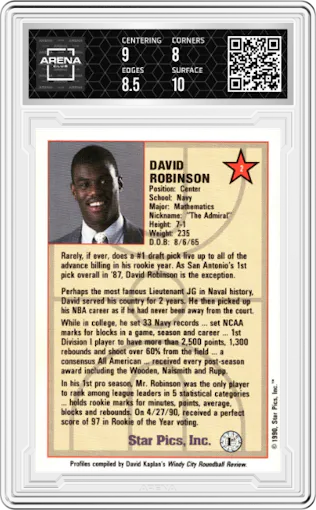 David Robinson from the 1990 Star Pics set graded by Arena Club and given an overall grade of 8.5.