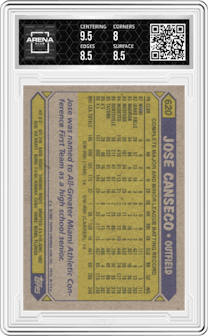 Jose Canseco from the 1987 Topps set graded by Arena Club and given an overall grade of 8.5.