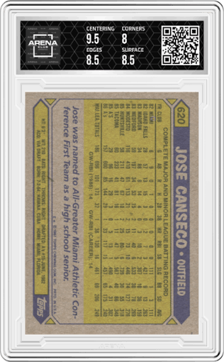 Jose Canseco from the 1987 Topps set graded by Arena Club and given an overall grade of 8.5.
