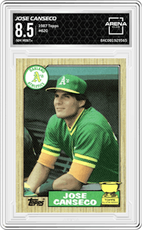 Jose Canseco from the 1987 Topps set graded by Arena Club and given an overall grade of 8.5.