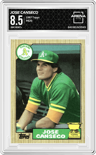 Jose Canseco from the 1987 Topps set graded by Arena Club and given an overall grade of 8.5.