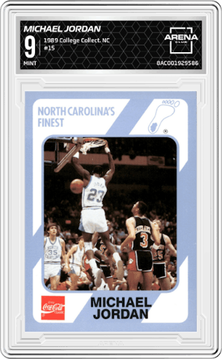 Michael Jordan from the 1989 Collegiate Collection North Carolina's Finest set graded by Arena Club and given an overall grade of 9.