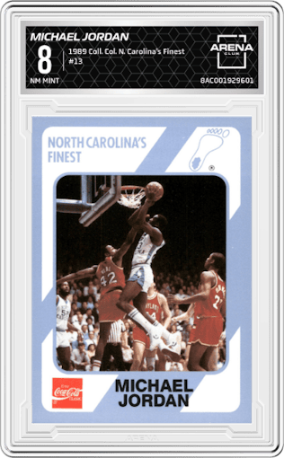 Michael Jordan from the 1989 Collegiate Collection North Carolina's Finest set graded by Arena Club and given an overall grade of 8.