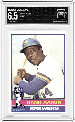 Hank Aaron from the 1976 Topps set graded by Arena Club and given an overall grade of 6.5.
