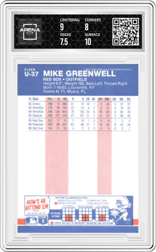 Mike Greenwell from the 1987 Fleer Update set graded by Arena Club and given an overall grade of 8.