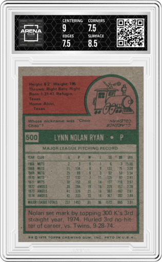 Nolan Ryan from the 1975 Topps Mini set graded by Arena Club and given an overall grade of 8.