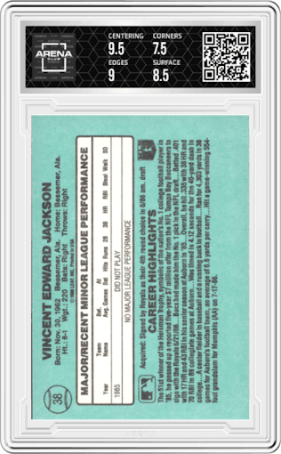 Bo Jackson from the 1986 Donruss The Rookies set graded by Arena Club and given an overall grade of 8.