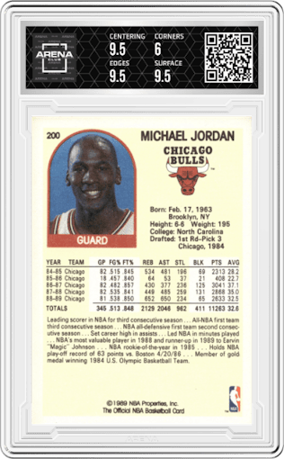Michael Jordan  from the 1989-90 NBA Hoops  set graded by Arena Club and given an overall grade of 6.5.