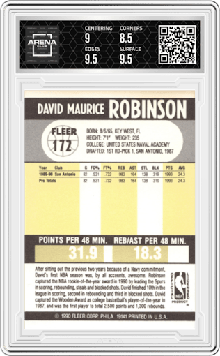 David Robinson from the 1990-91 Fleer set graded by Arena Club and given an overall grade of 9.