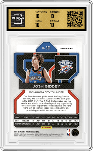 Josh Giddey from the 2021-22 Panini Prizm  set featuring a Purple Wave parallel graded by Arena Club and given an overall grade of 10.