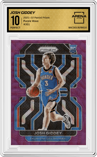 Josh Giddey from the 2021-22 Panini Prizm  set featuring a Purple Wave parallel graded by Arena Club and given an overall grade of 10.