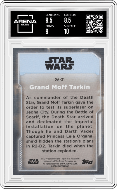 Grand Moff Tarkin from the 2021 Topps Star Wars Battle Plans set graded by Arena Club and given an overall grade of 9.