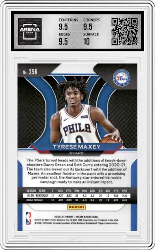 Tyrese Maxey from the 2020-21 Panini Prizm set graded by Arena Club and given an overall grade of 10.