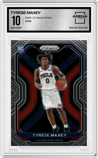 Tyrese Maxey from the 2020-21 Panini Prizm set graded by Arena Club and given an overall grade of 10.