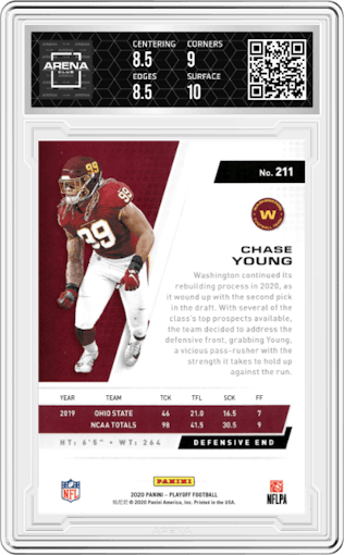 Chase Young from the 2020 Panini Playoff set featuring a 1st Down parallel graded by Arena Club and given an overall grade of 9.