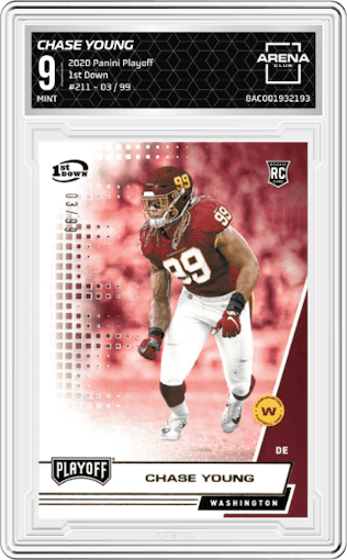 Chase Young from the 2020 Panini Playoff set featuring a 1st Down parallel graded by Arena Club and given an overall grade of 9.